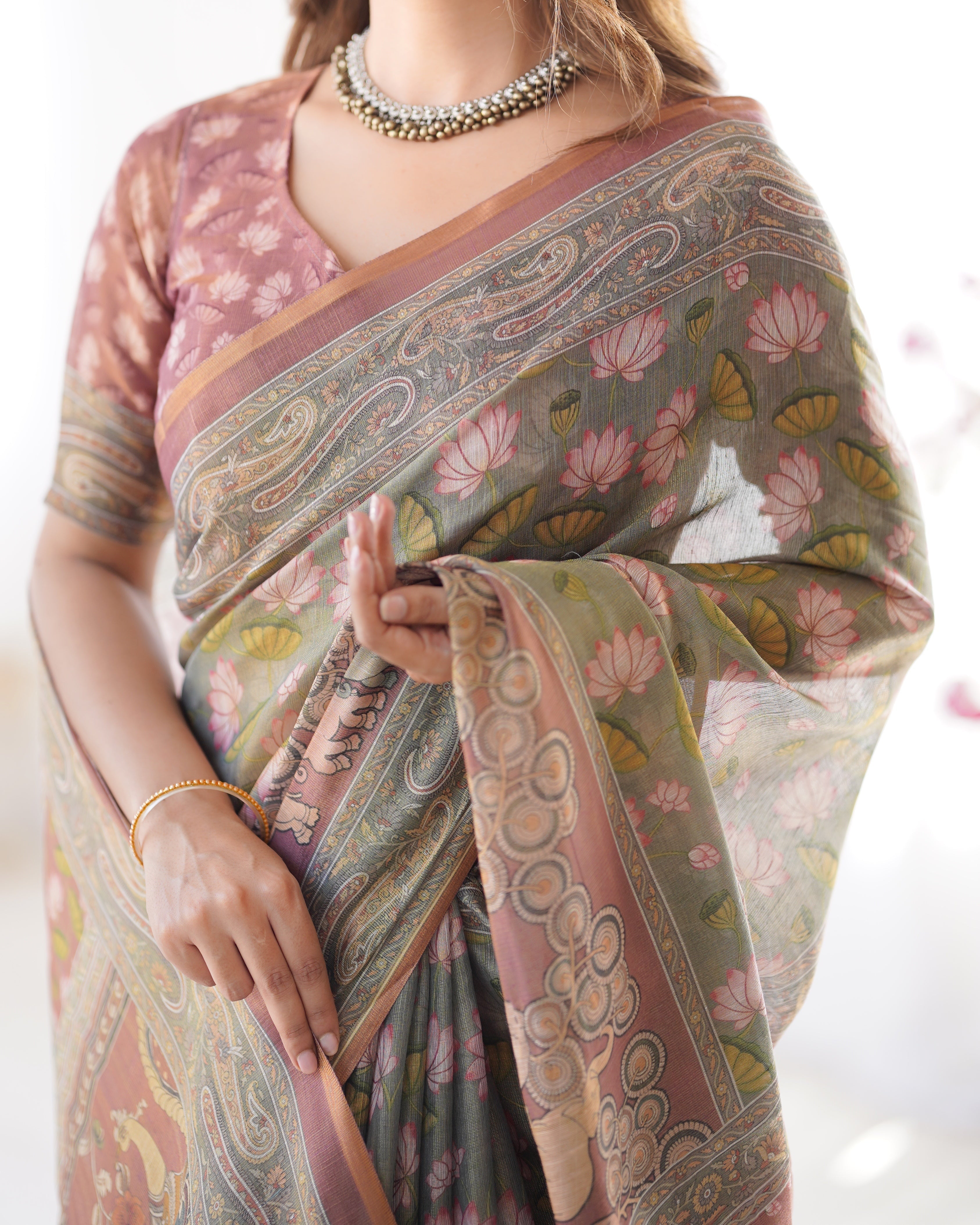 Olive Green Pure Linen Cotton Handloom Saree with Pink Lotus Motifs & Maroon Blouse