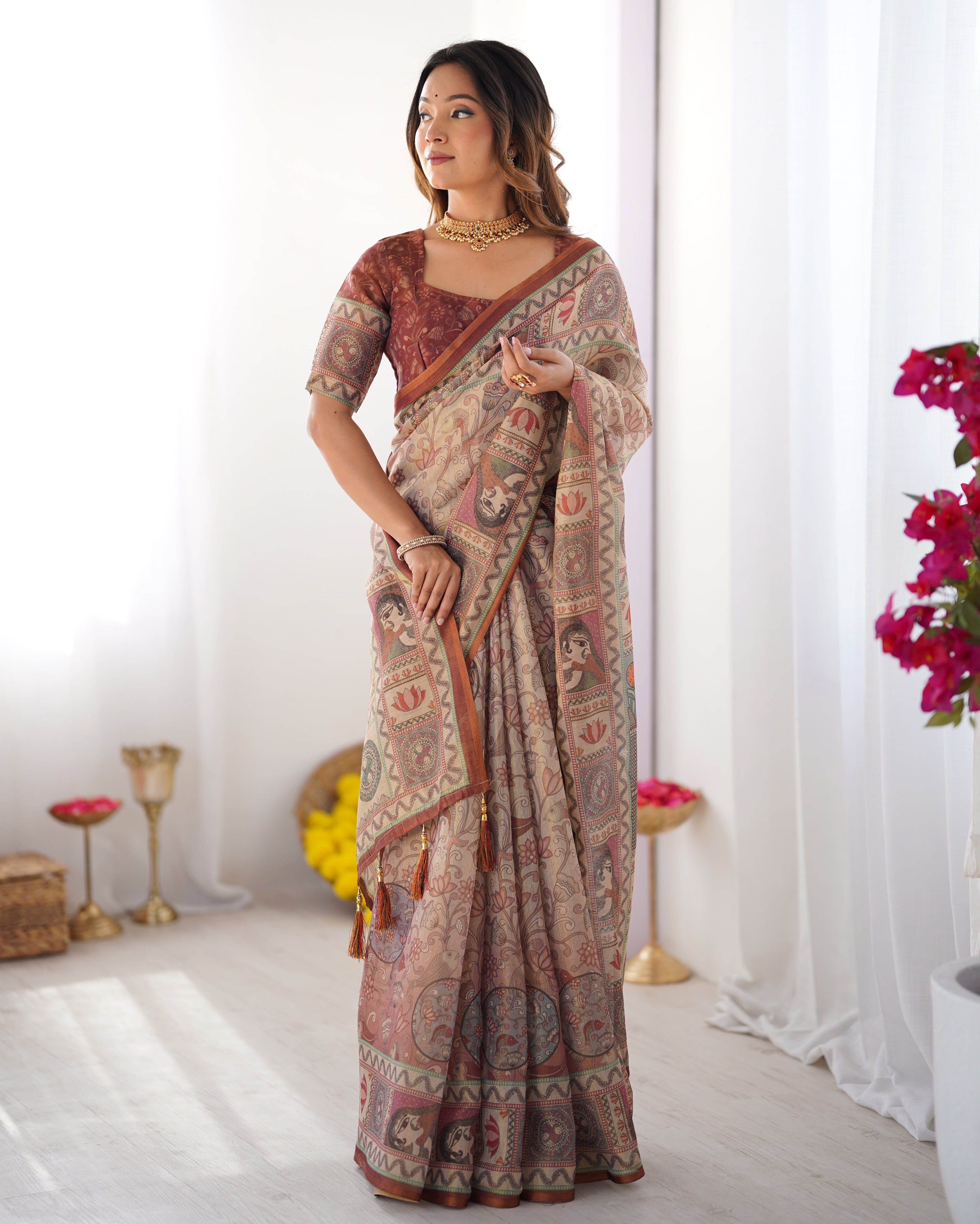 Beige & Maroon Handloom Cotton Saree with Royal Faces & Elephant Pallu Motif