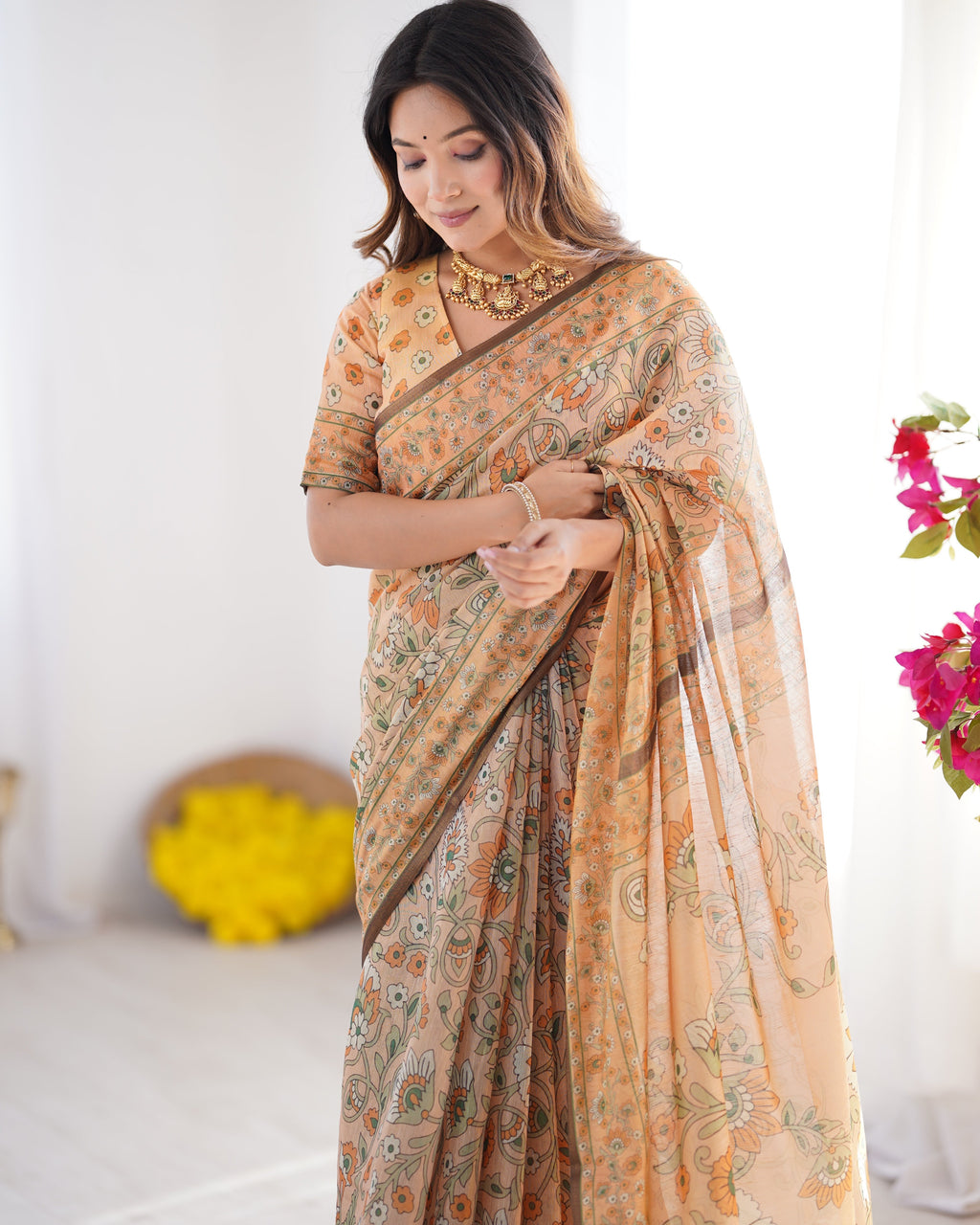Peach Orange Pure Linen Cotton Handloom Saree with Floral Vine Print and Elegant Pallu Artwork