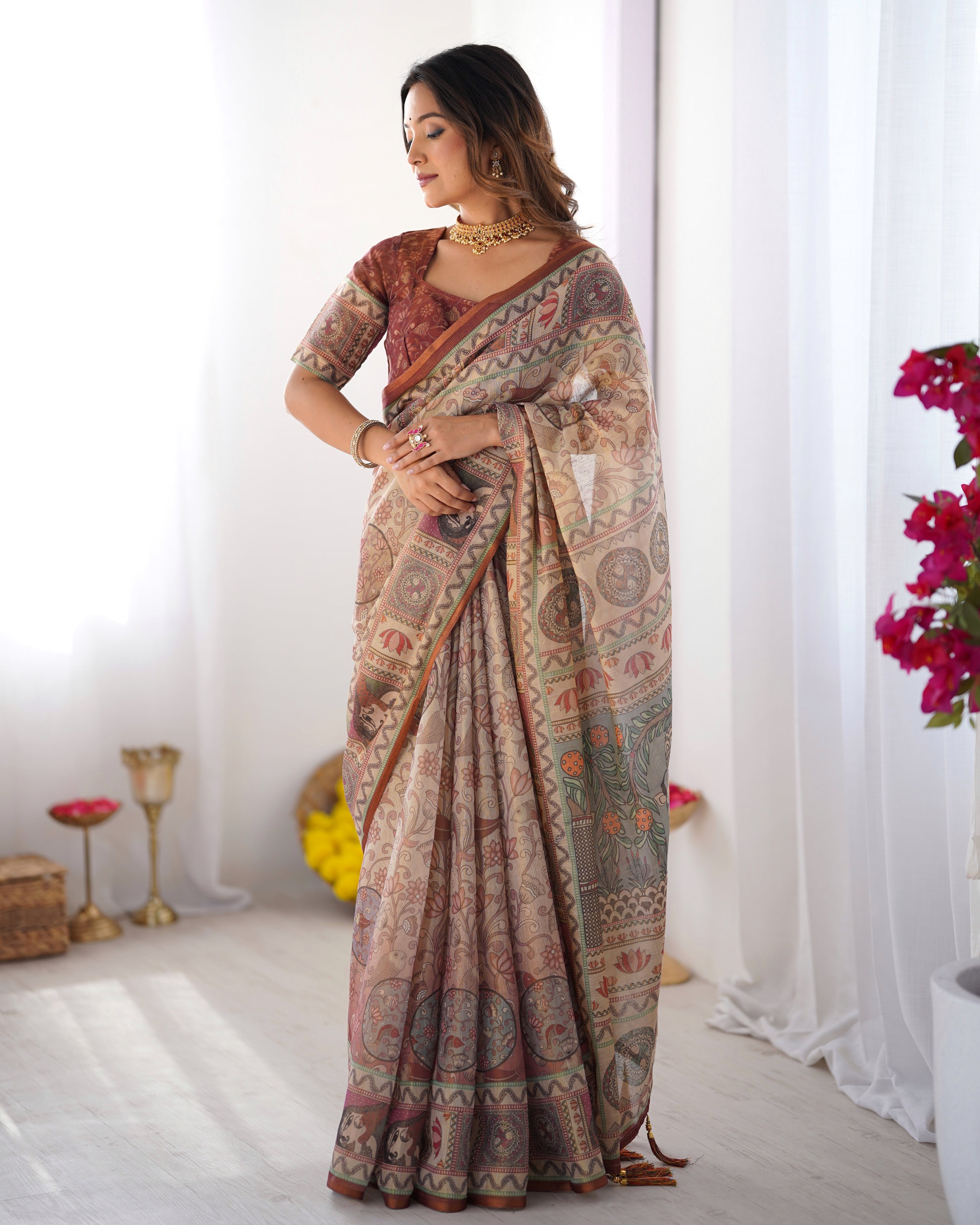 Beige & Maroon Handloom Cotton Saree with Royal Faces & Elephant Pallu Motif