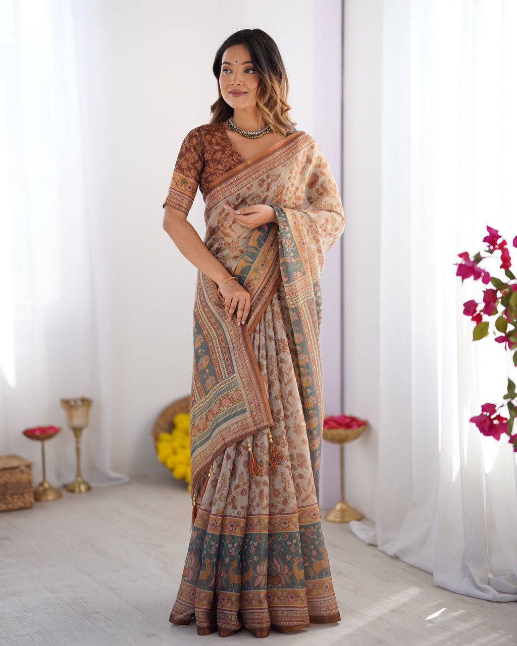 Beige & Rust Pure Linen Cotton Saree with Folk Animal Motif & Floral Print
