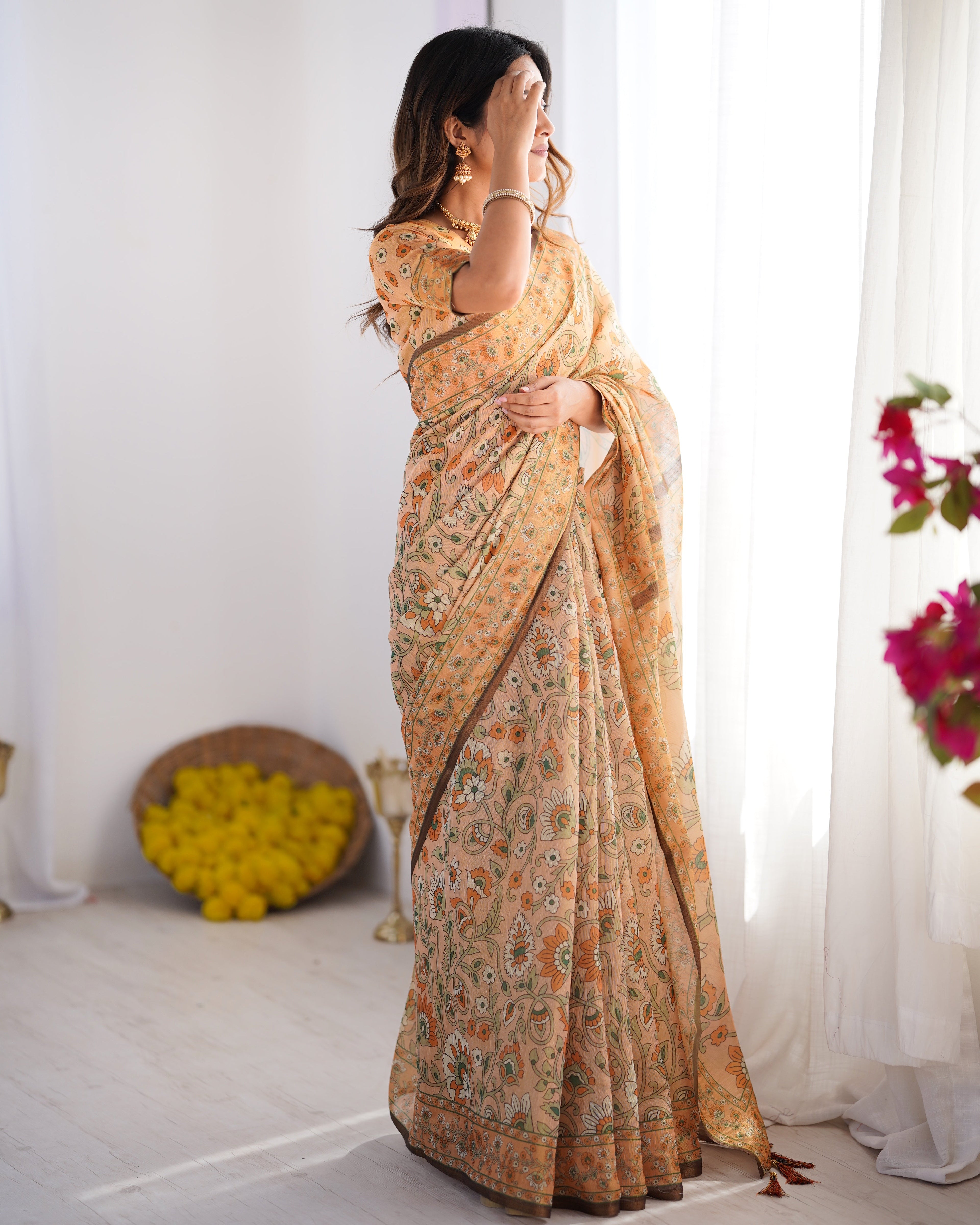 Peach Orange Pure Linen Cotton Handloom Saree with Floral Vine Print and Elegant Pallu Artwork