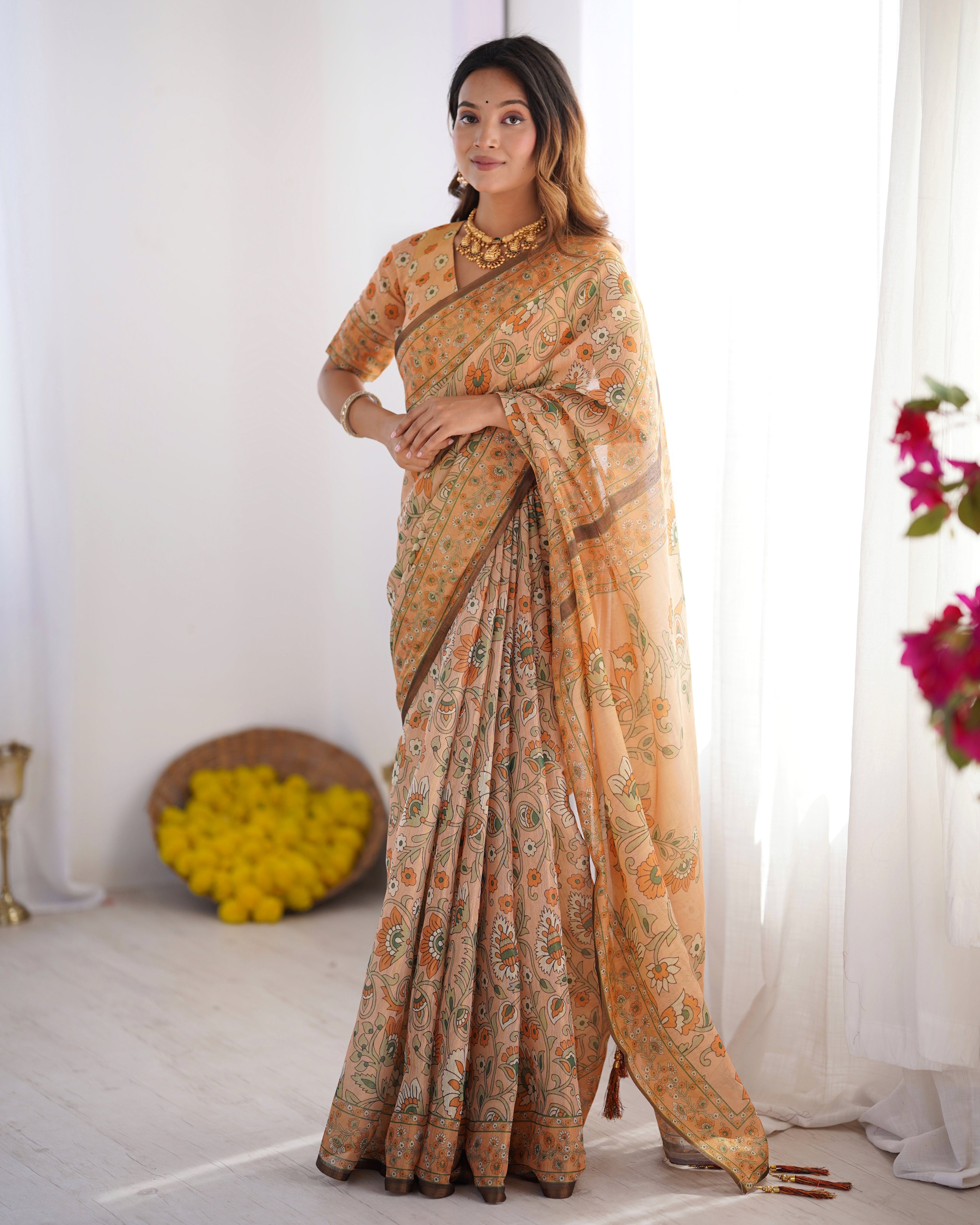 Peach Orange Pure Linen Cotton Handloom Saree with Floral Vine Print and Elegant Pallu Artwork