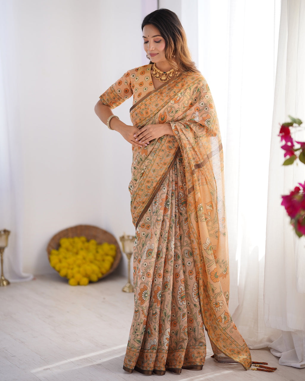 Peach Orange Pure Linen Cotton Handloom Saree with Floral Vine Print and Elegant Pallu Artwork
