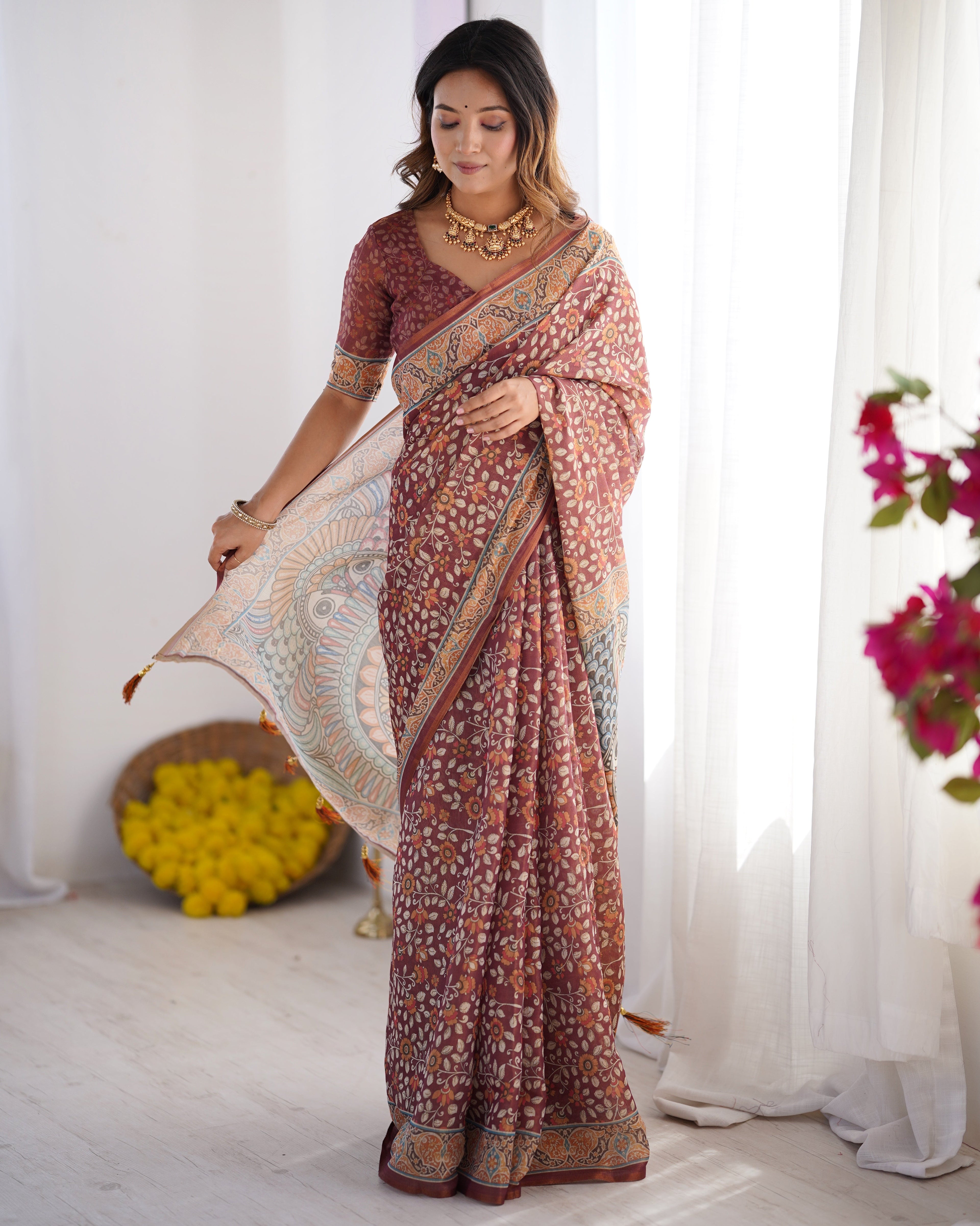 Maroon Pure Linen Cotton Handloom Saree with Floral Buti Print and Madhubani Fish Art Pallu