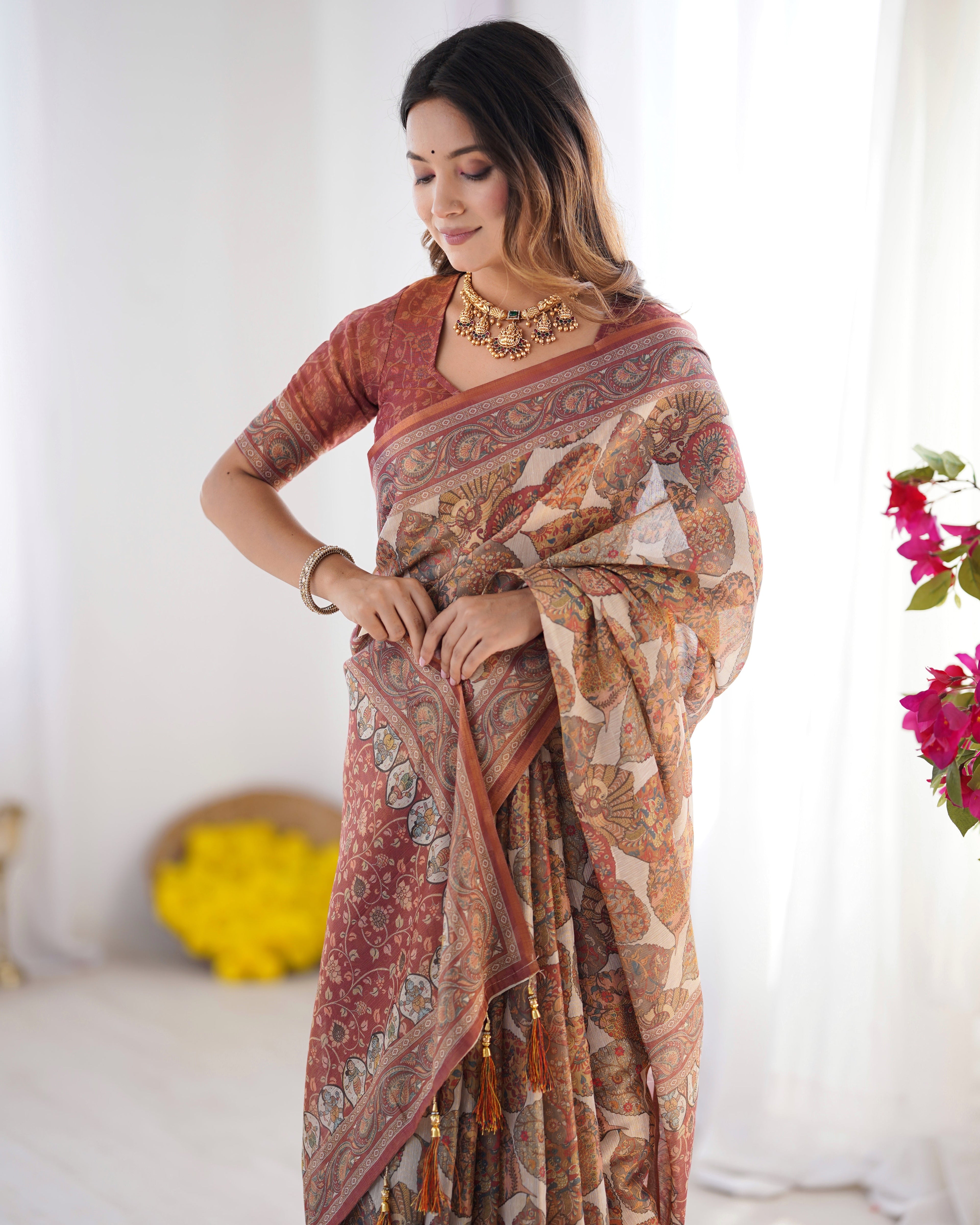Rust Beige Pure Linen Cotton Saree with Paisley Motifs and Mandala Artwork