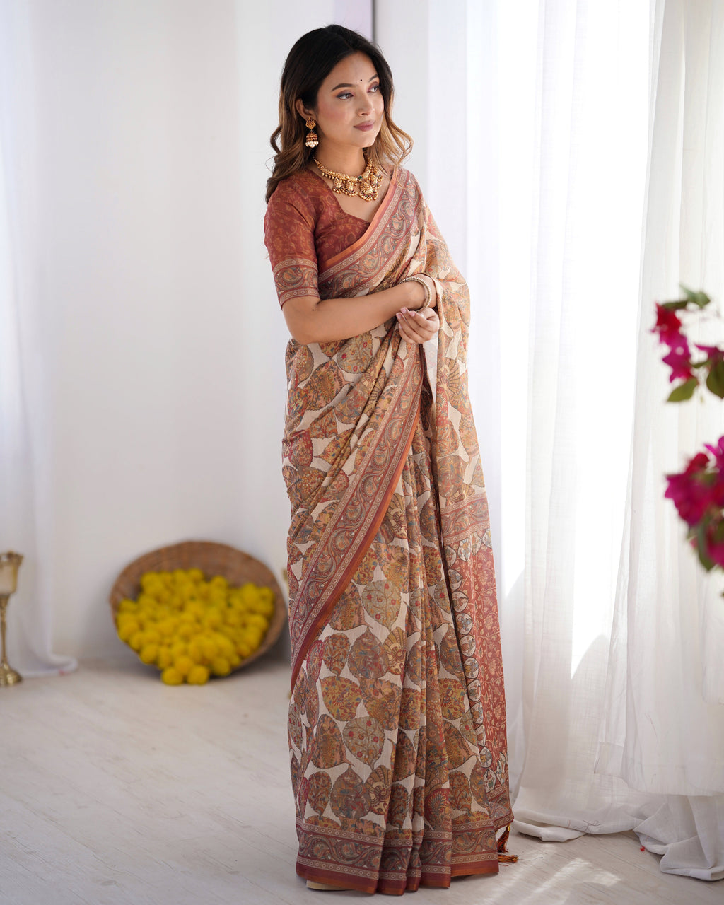 Rust Beige Pure Linen Cotton Saree with Paisley Motifs and Mandala Artwork