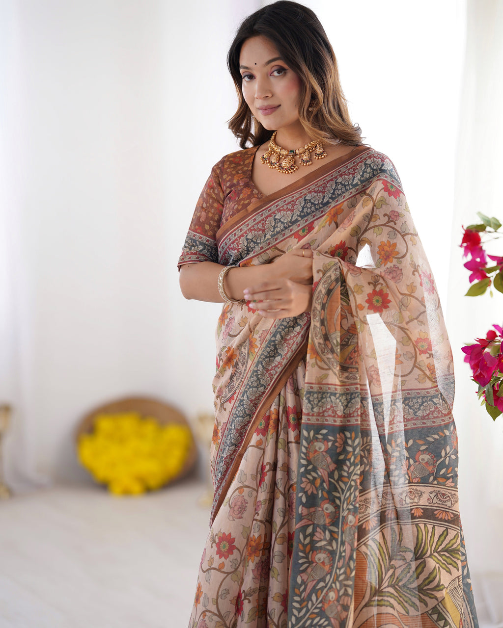 Handloom Linen Cotton Printed Saree with Traditional Mithila Art Pallu – Earthy Beige & Maroon