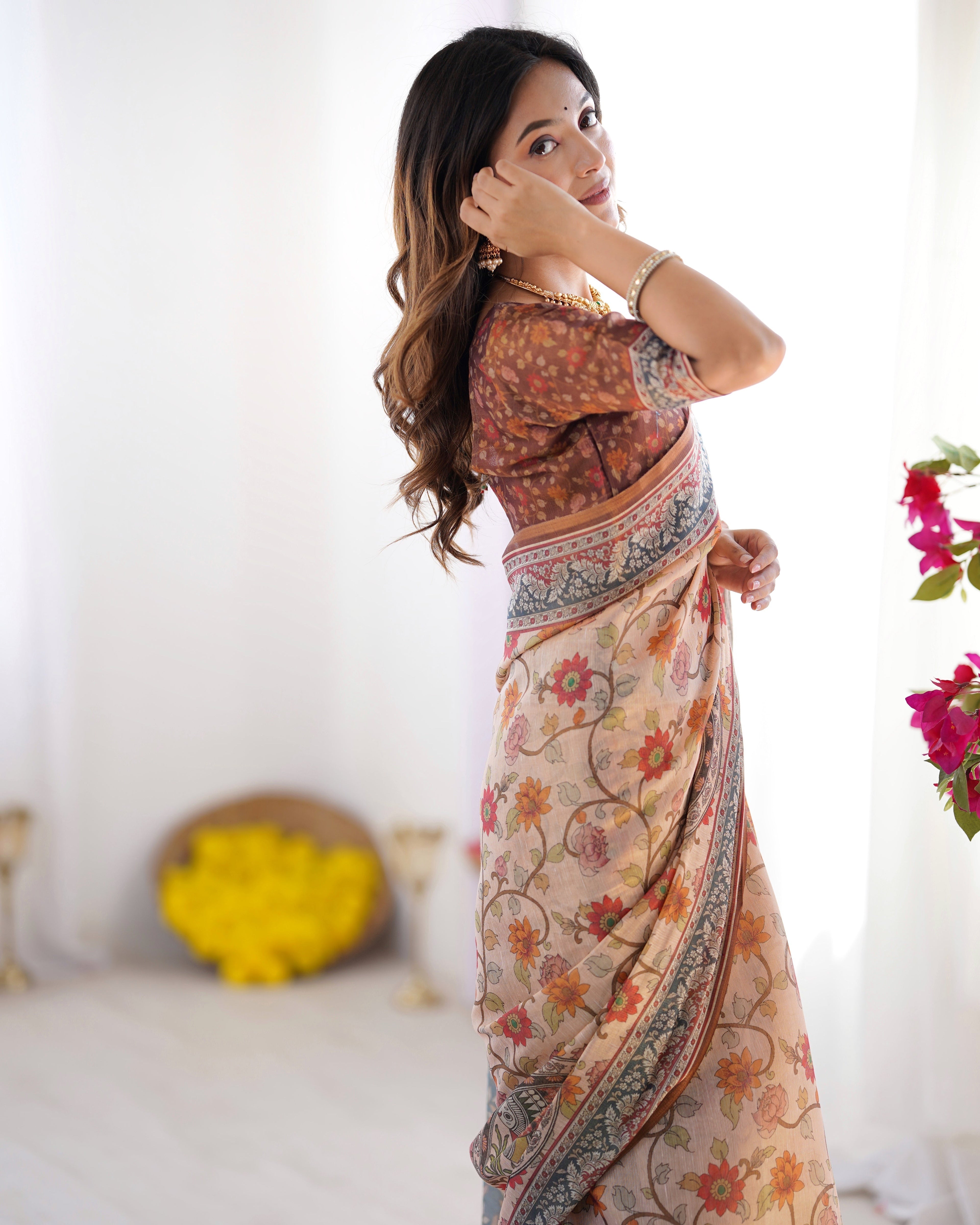 Handloom Linen Cotton Printed Saree with Traditional Mithila Art Pallu – Earthy Beige & Maroon