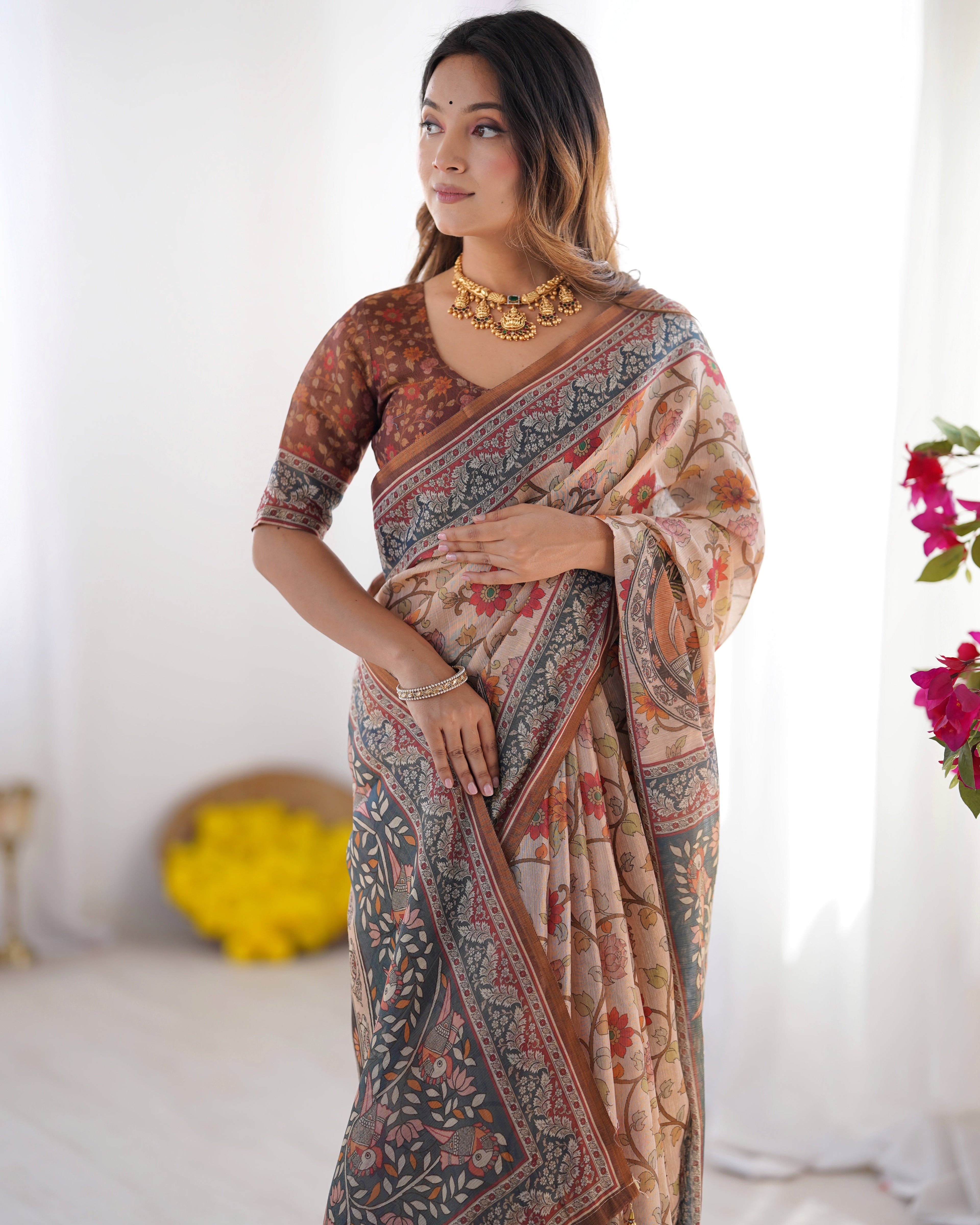 Handloom Linen Cotton Printed Saree with Traditional Mithila Art Pallu – Earthy Beige & Maroon