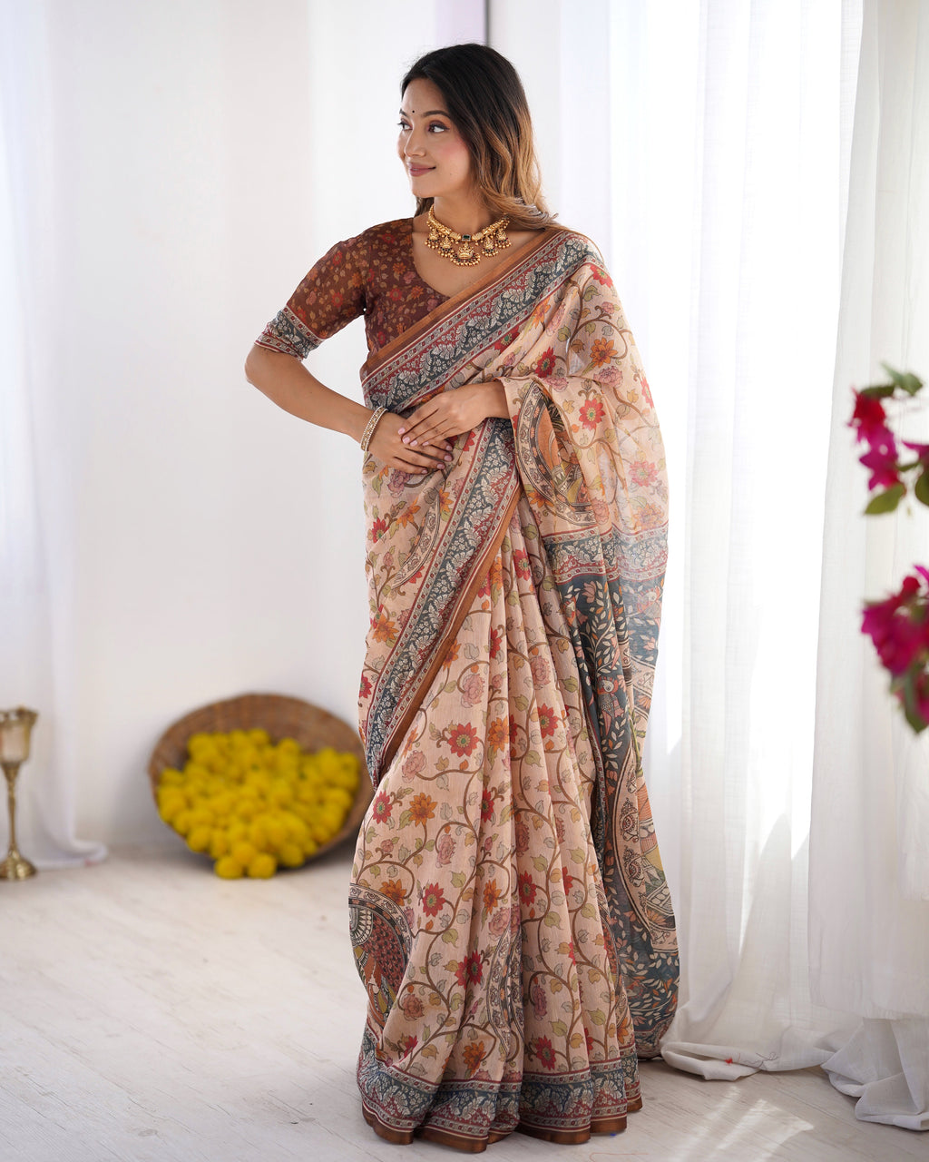 Handloom Linen Cotton Printed Saree with Traditional Mithila Art Pallu – Earthy Beige & Maroon