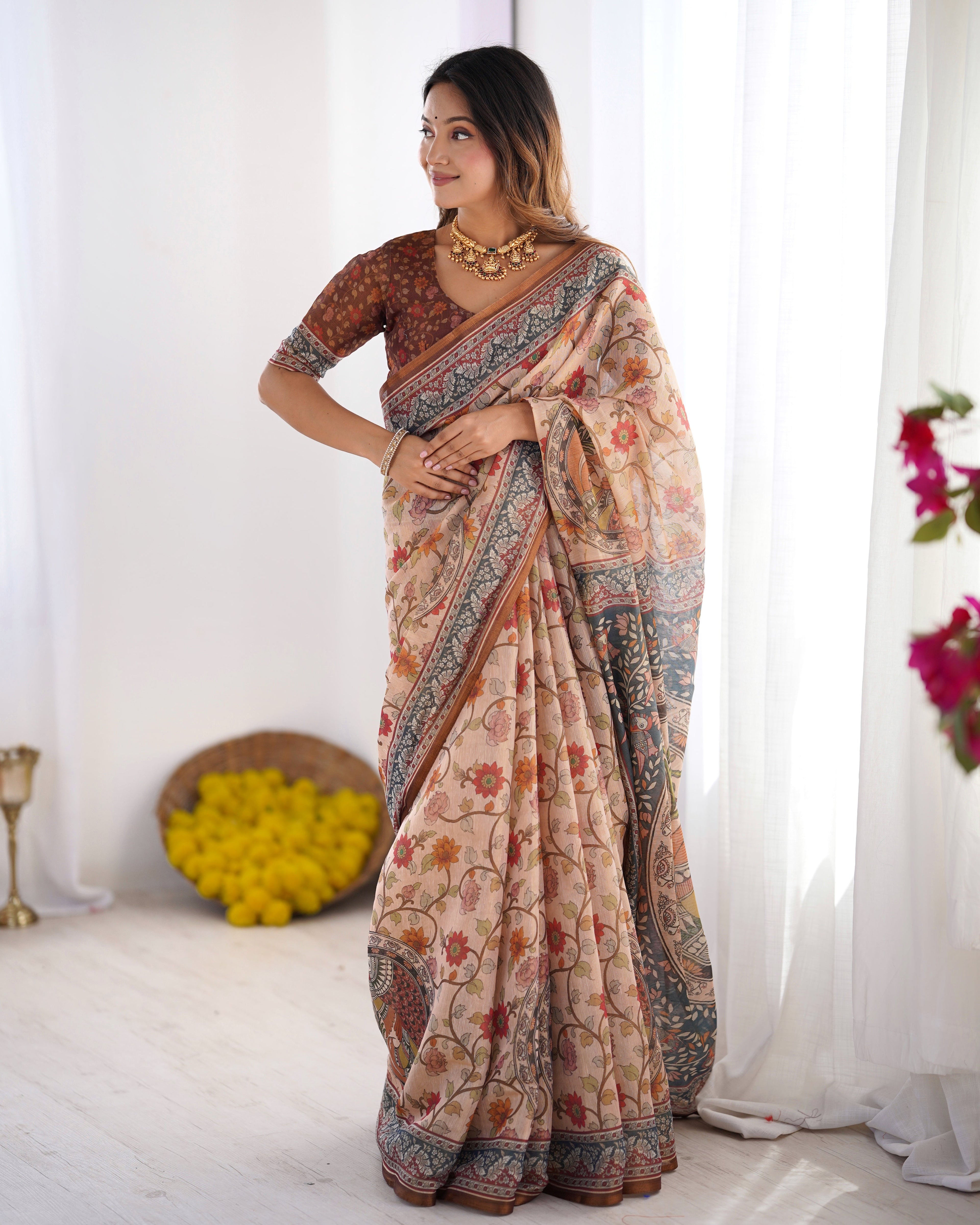 Handloom Linen Cotton Printed Saree with Traditional Mithila Art Pallu – Earthy Beige & Maroon