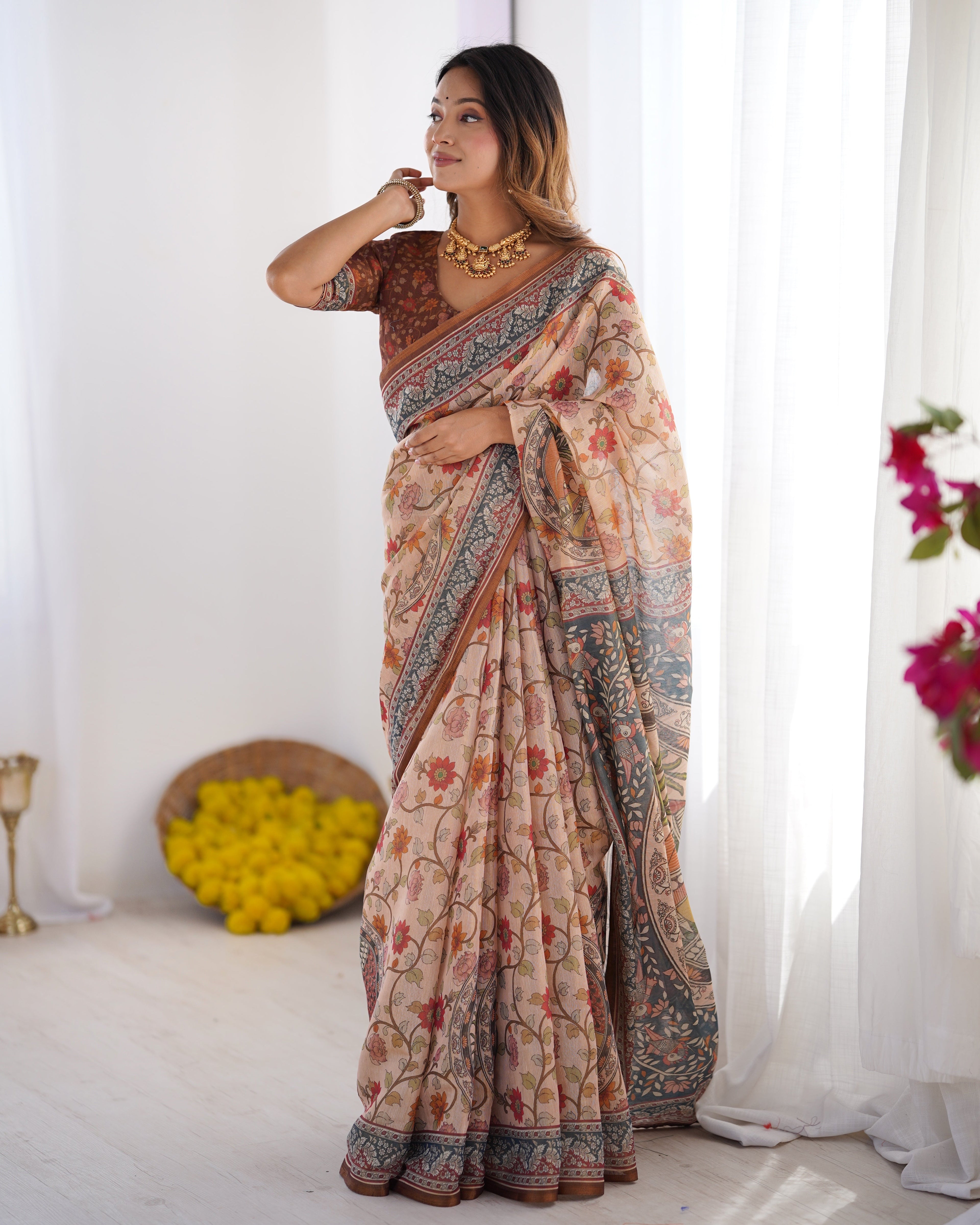 Handloom Linen Cotton Printed Saree with Traditional Mithila Art Pallu – Earthy Beige & Maroon