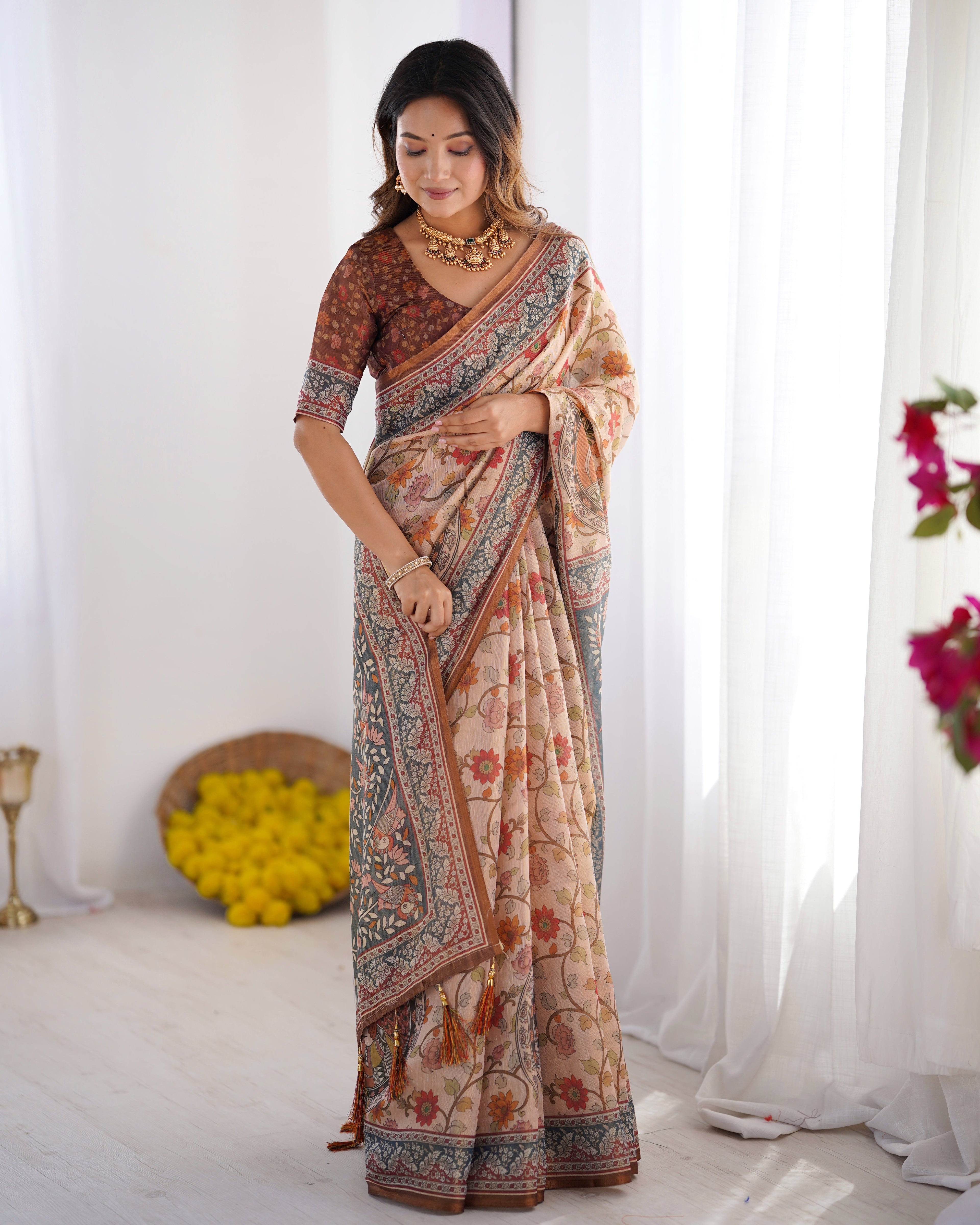 Handloom Linen Cotton Printed Saree with Traditional Mithila Art Pallu – Earthy Beige & Maroon