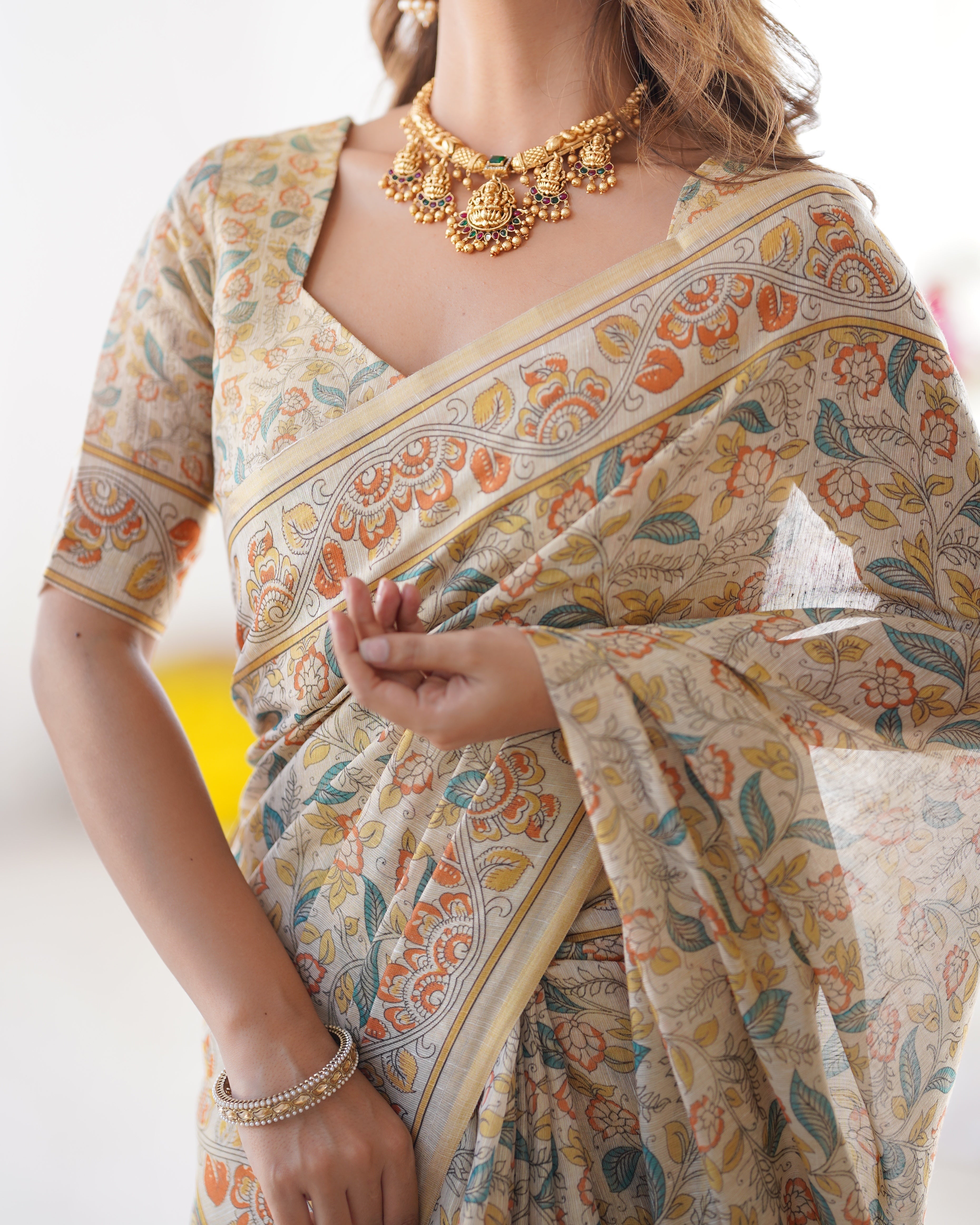 Handloom Linen Cotton Printed Saree with Mythical Animal Art Pallu – Soft Cream with Terracotta & Teal Accents