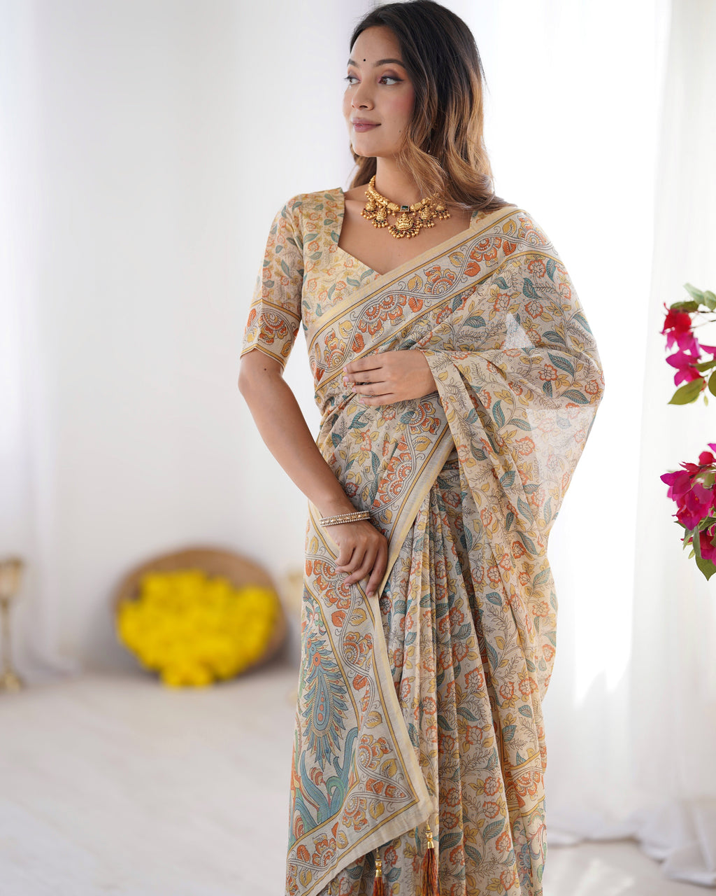 Handloom Linen Cotton Printed Saree with Mythical Animal Art Pallu – Soft Cream with Terracotta & Teal Accents