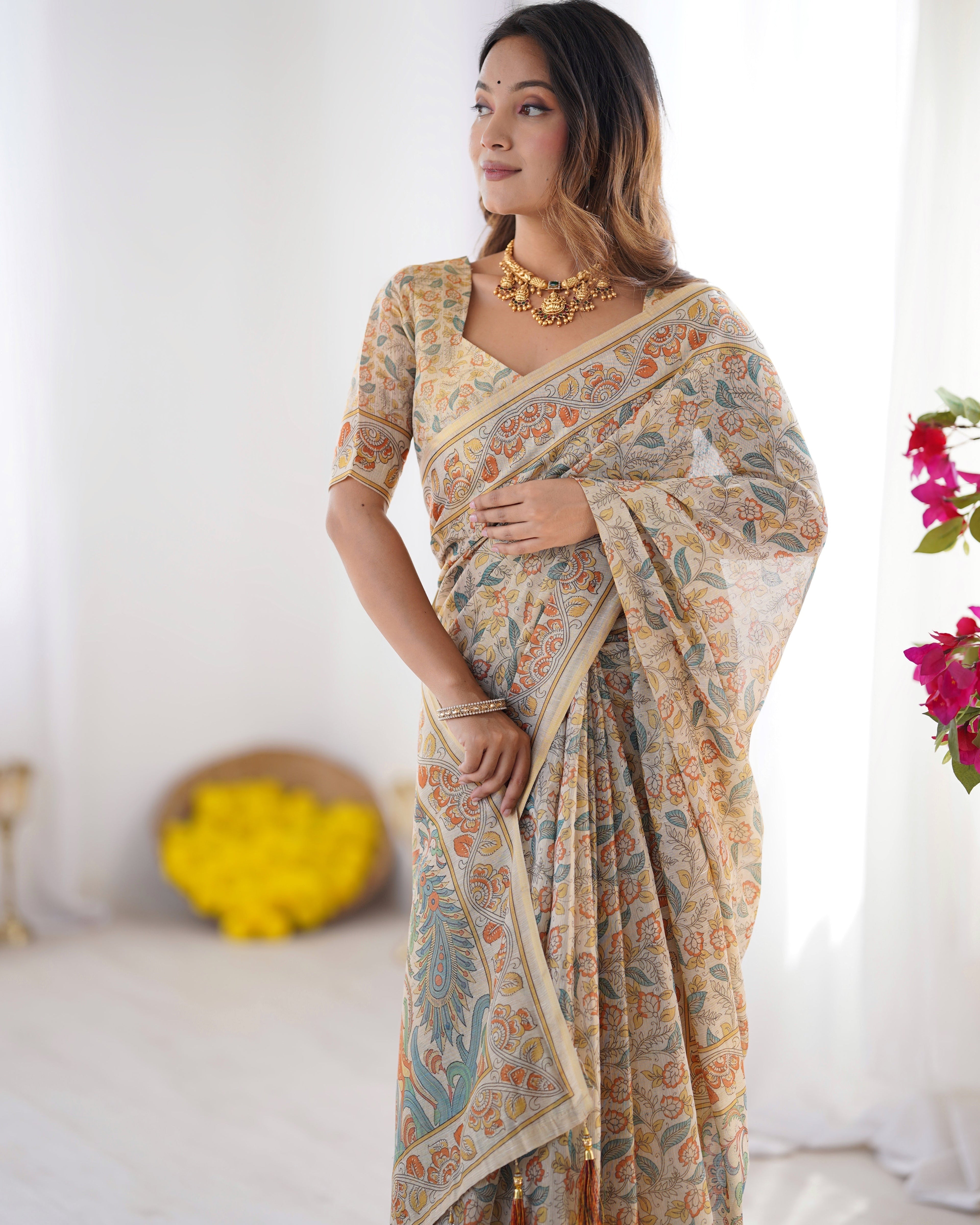 Handloom Linen Cotton Printed Saree with Mythical Animal Art Pallu – Soft Cream with Terracotta & Teal Accents