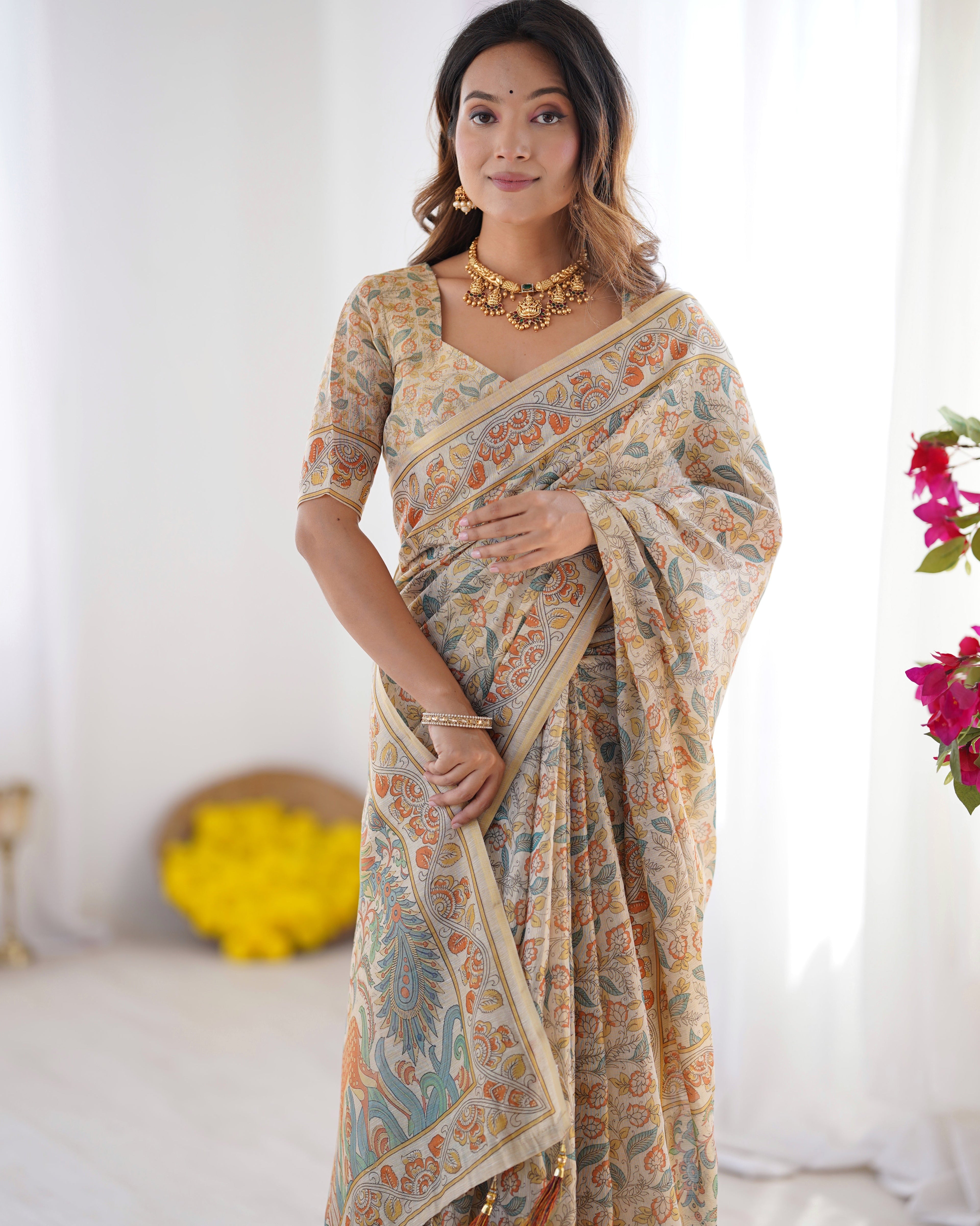 Handloom Linen Cotton Printed Saree with Mythical Animal Art Pallu – Soft Cream with Terracotta & Teal Accents