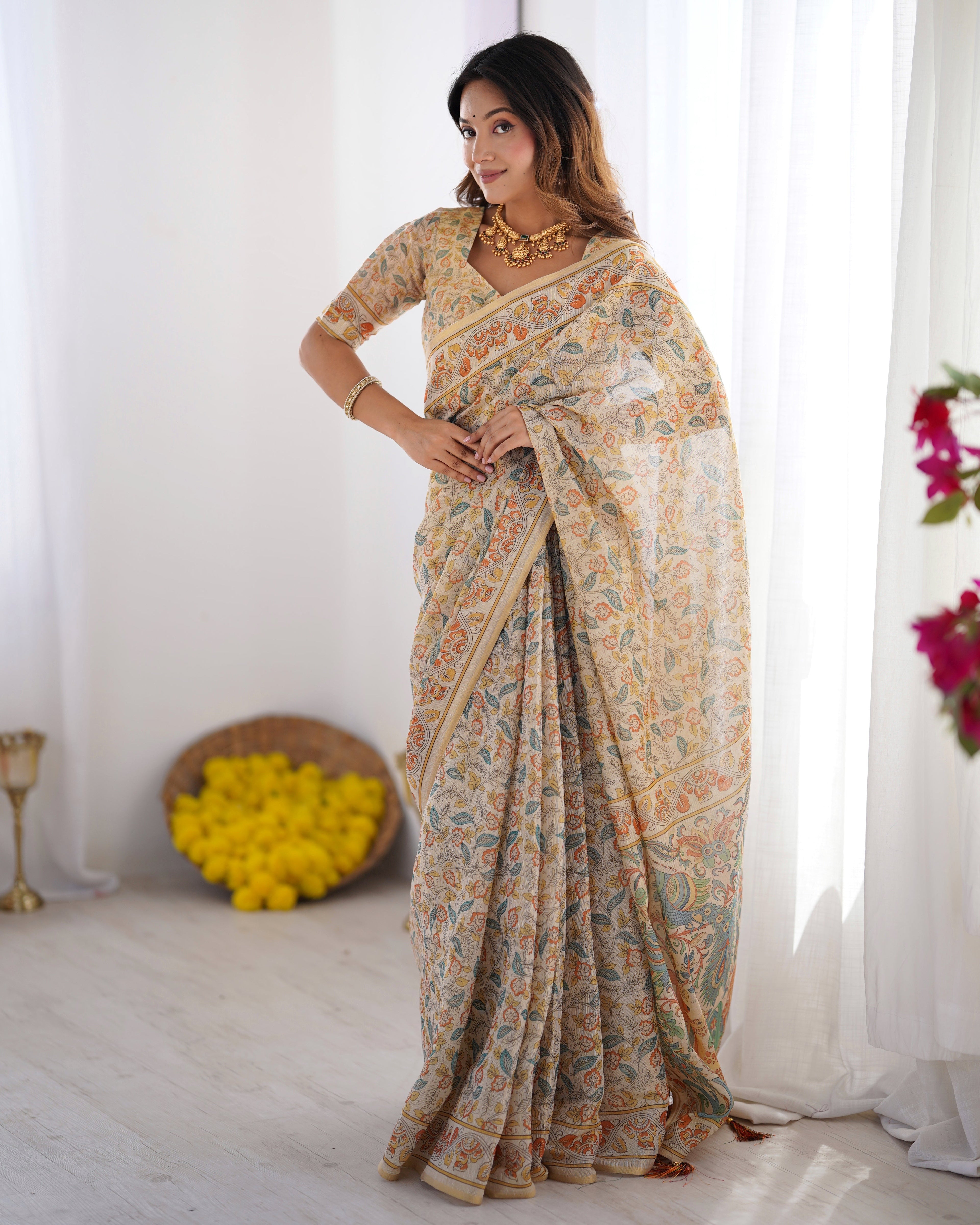 Handloom Linen Cotton Printed Saree with Mythical Animal Art Pallu – Soft Cream with Terracotta & Teal Accents