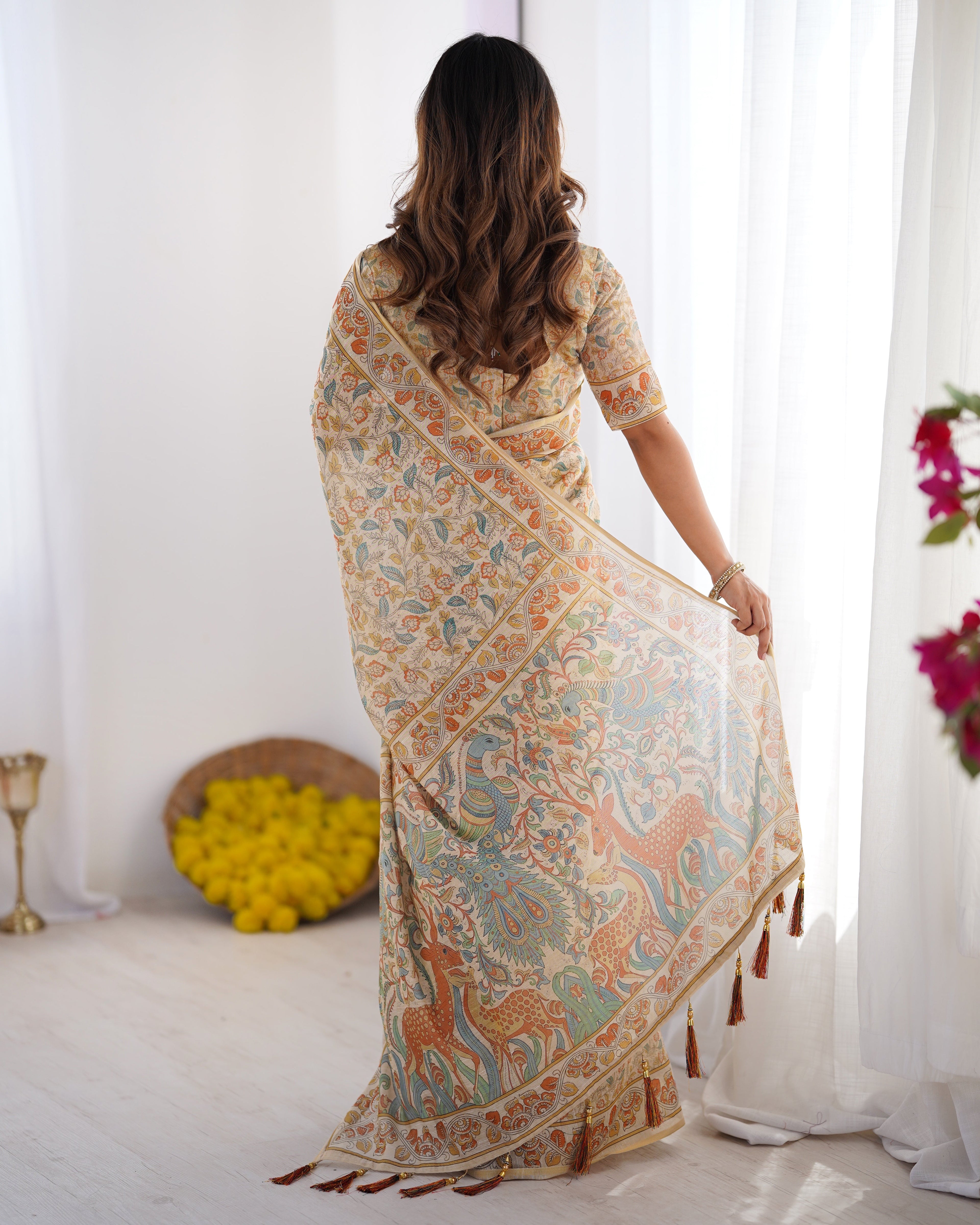 Handloom Linen Cotton Printed Saree with Mythical Animal Art Pallu – Soft Cream with Terracotta & Teal Accents