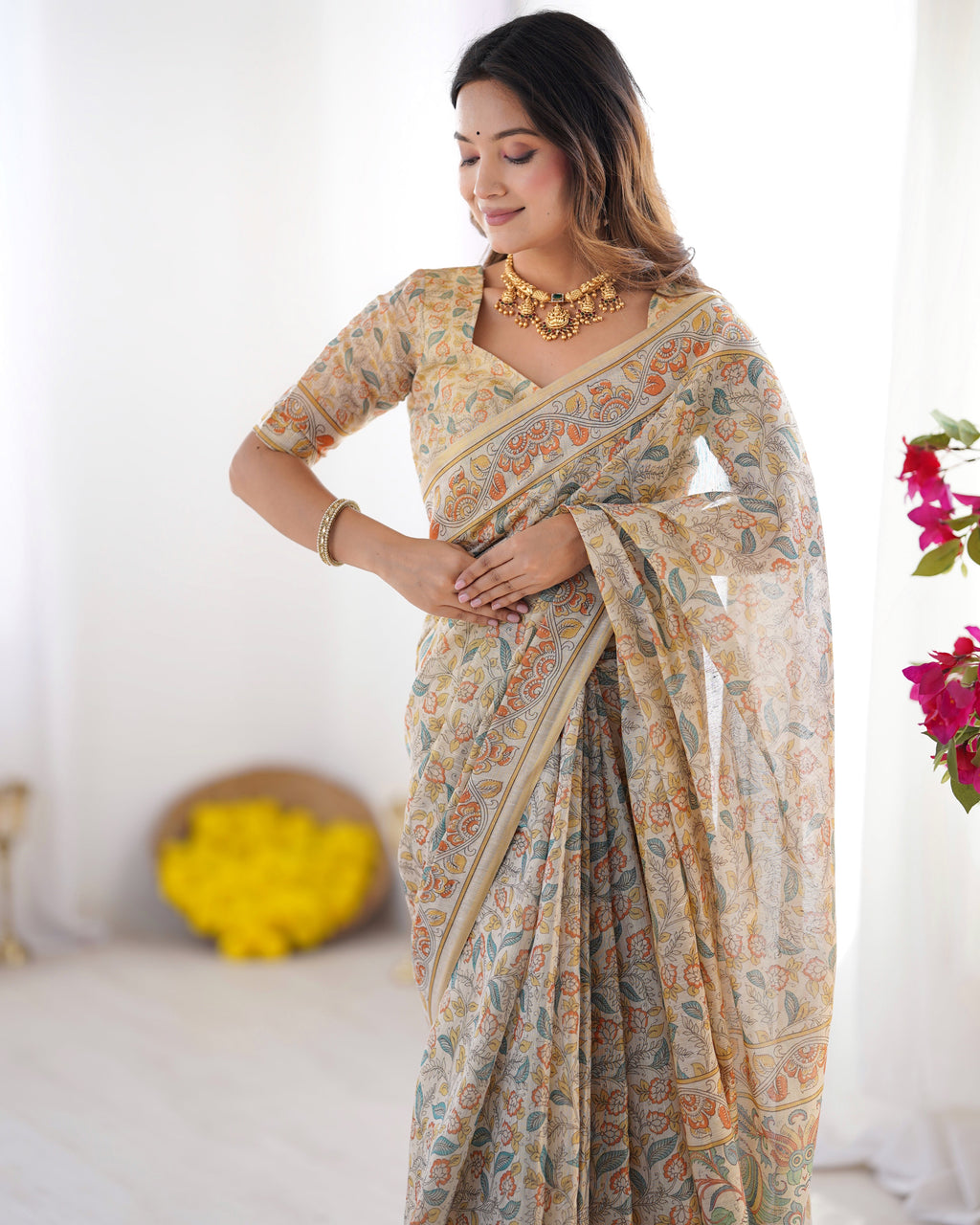 Handloom Linen Cotton Printed Saree with Mythical Animal Art Pallu – Soft Cream with Terracotta & Teal Accents