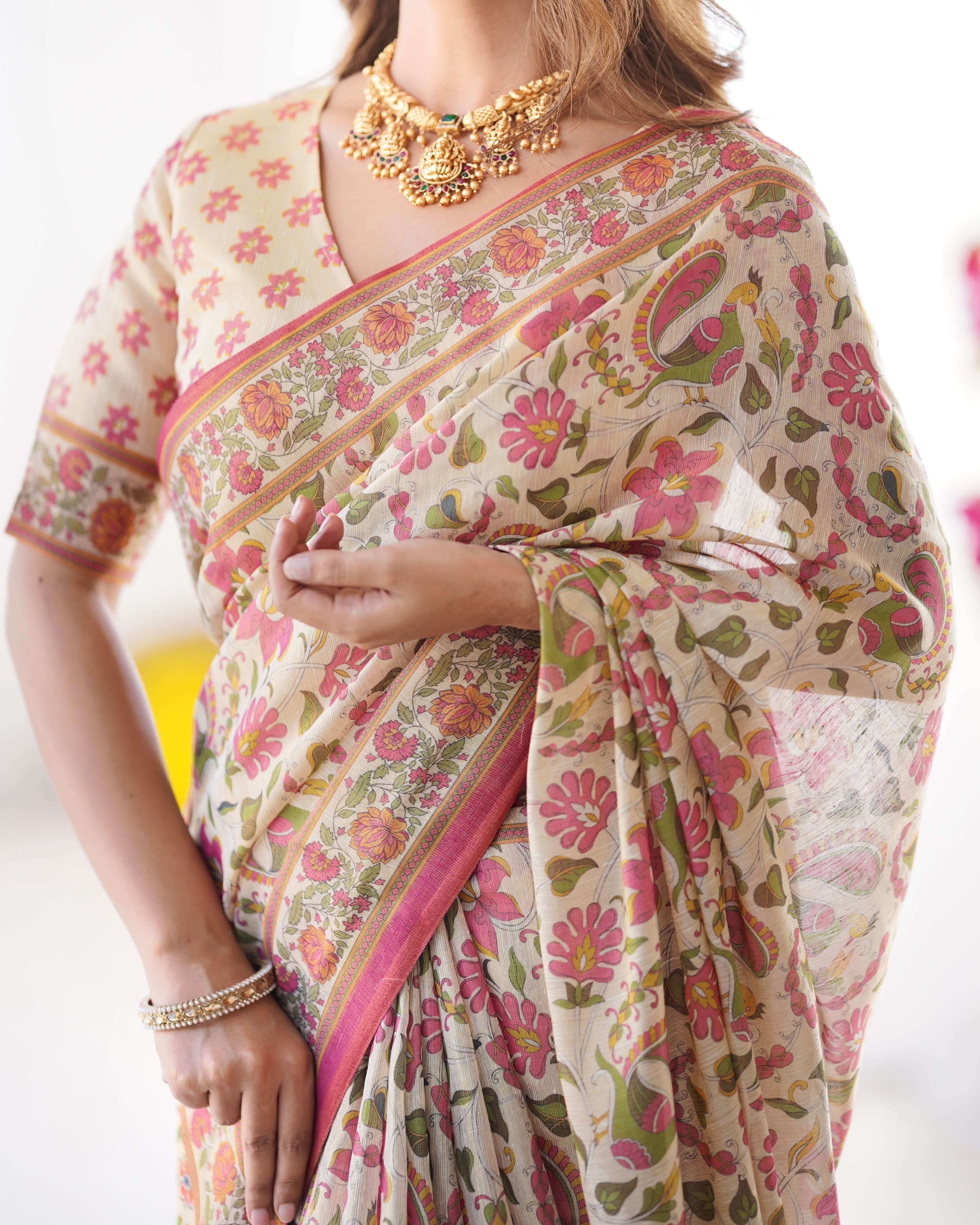 Cream Pink Handloom Linen Cotton Printed Saree with Folk Art Bird Motif Pallu