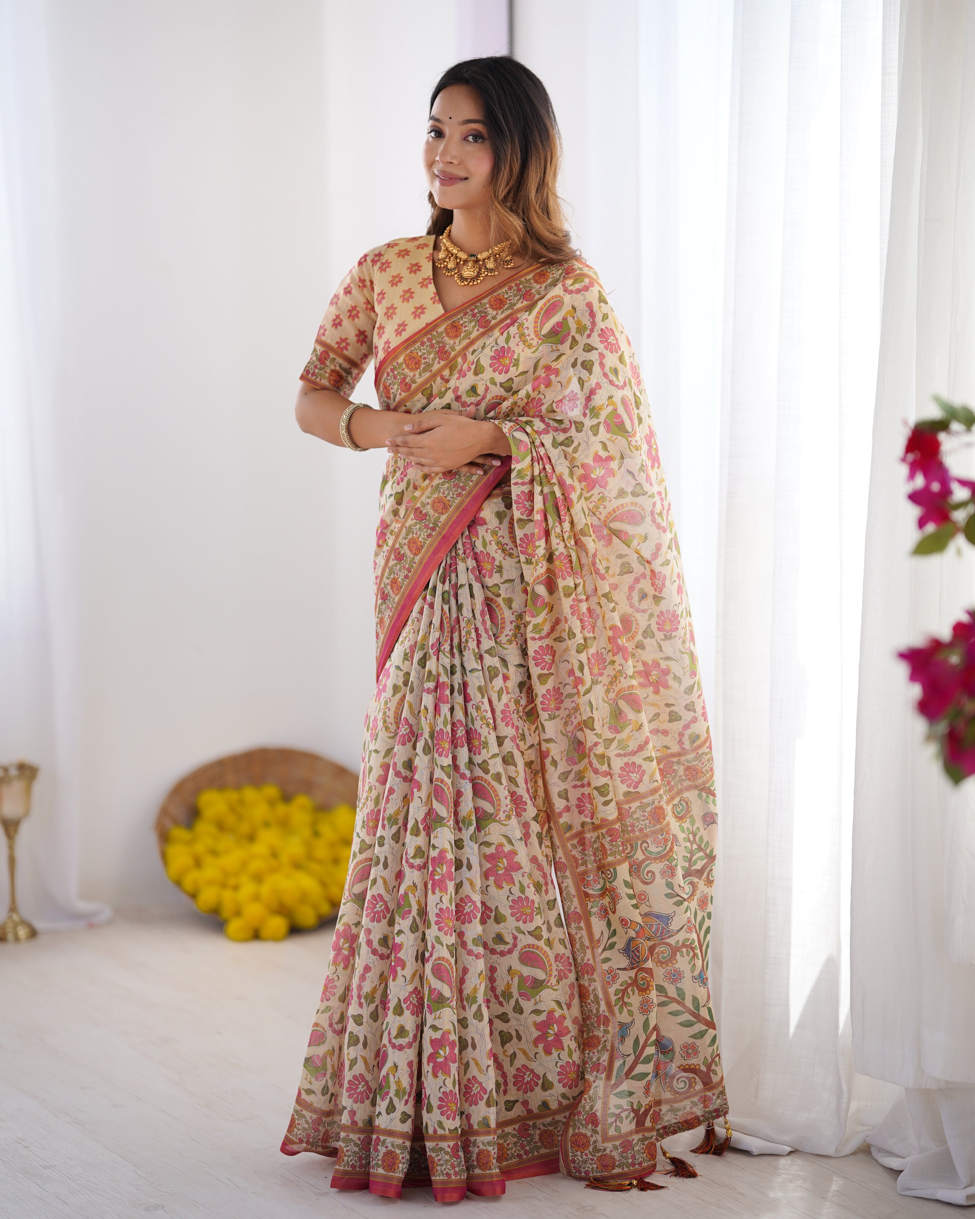 Cream Pink Handloom Linen Cotton Printed Saree with Folk Art Bird Motif Pallu