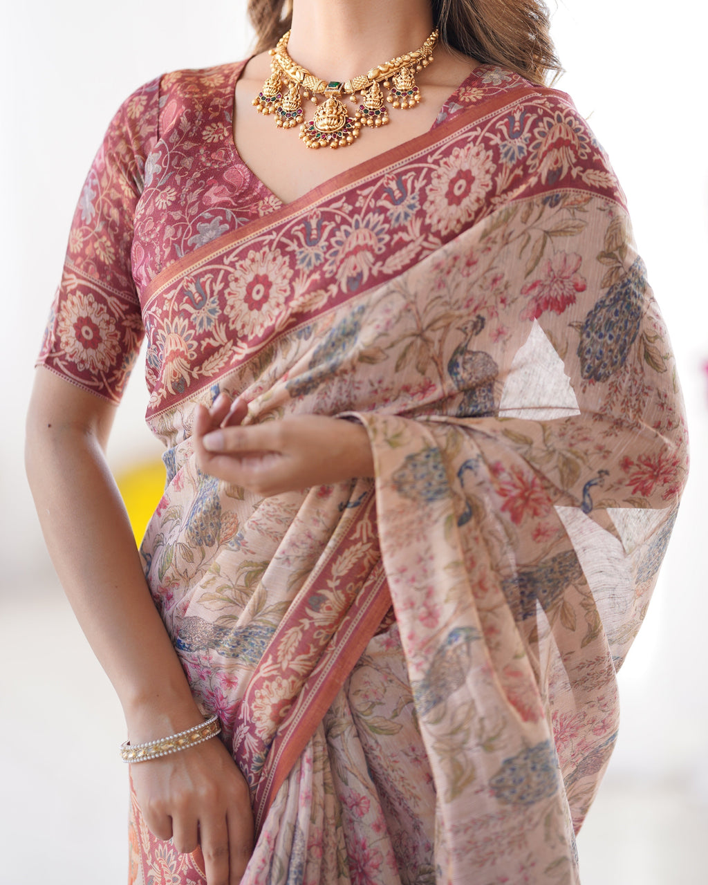 Blush Cream Handloom Linen Cotton Saree with Artistic Bird Motif Pallu