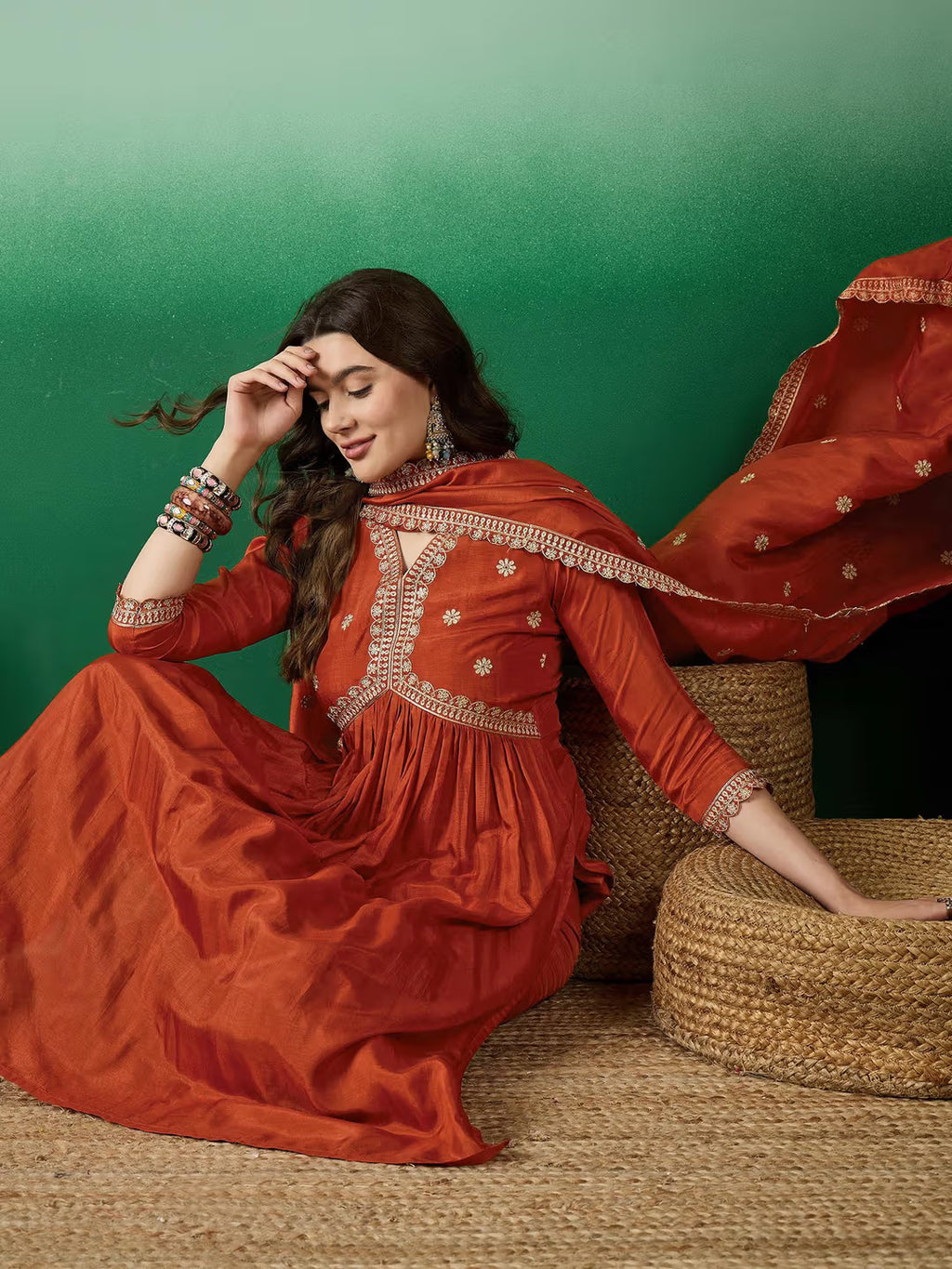 Women's Muslin Silk Embroidered Kurti Set with Dupatta