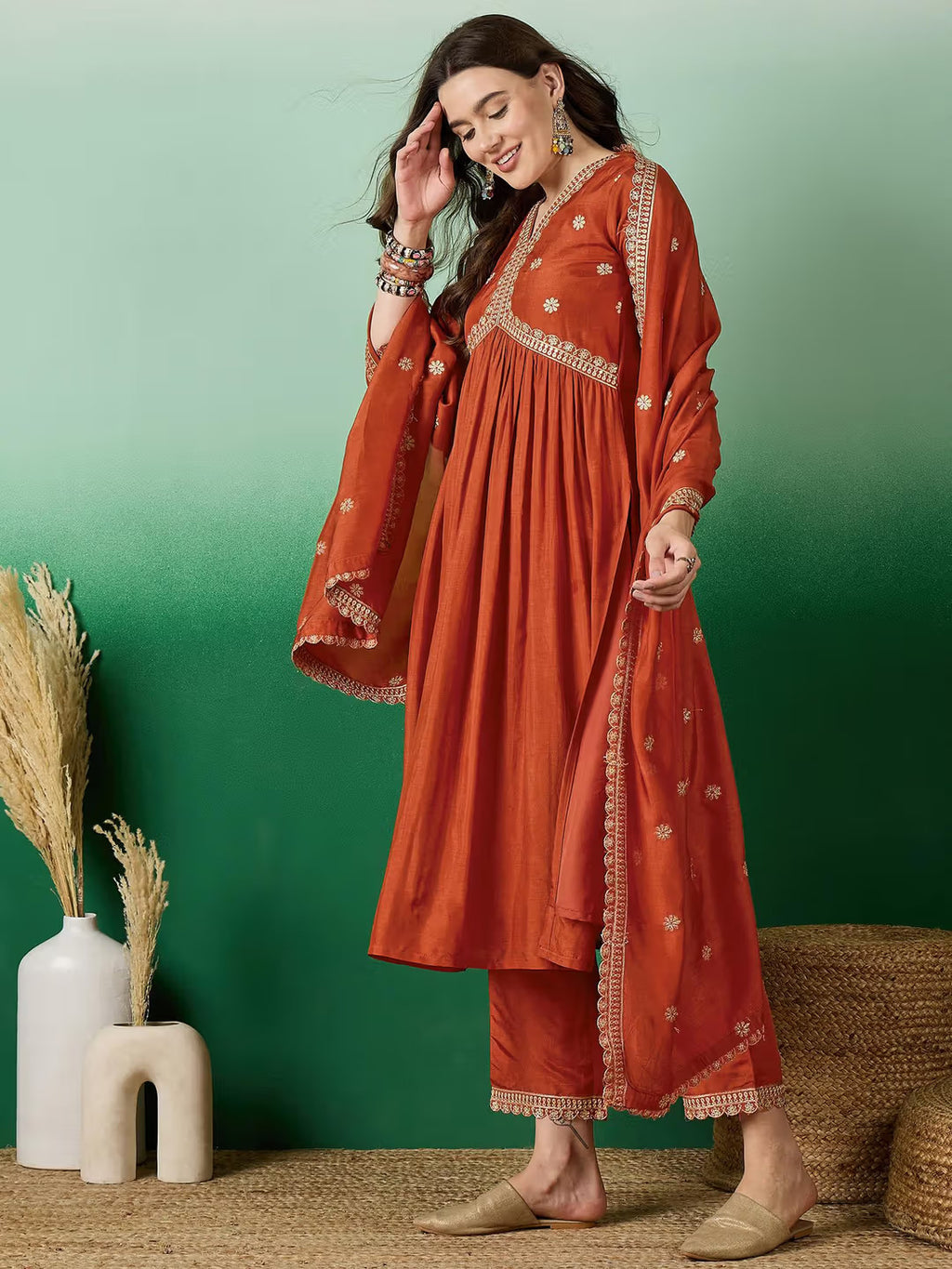Women's Muslin Silk Embroidered Kurti Set with Dupatta