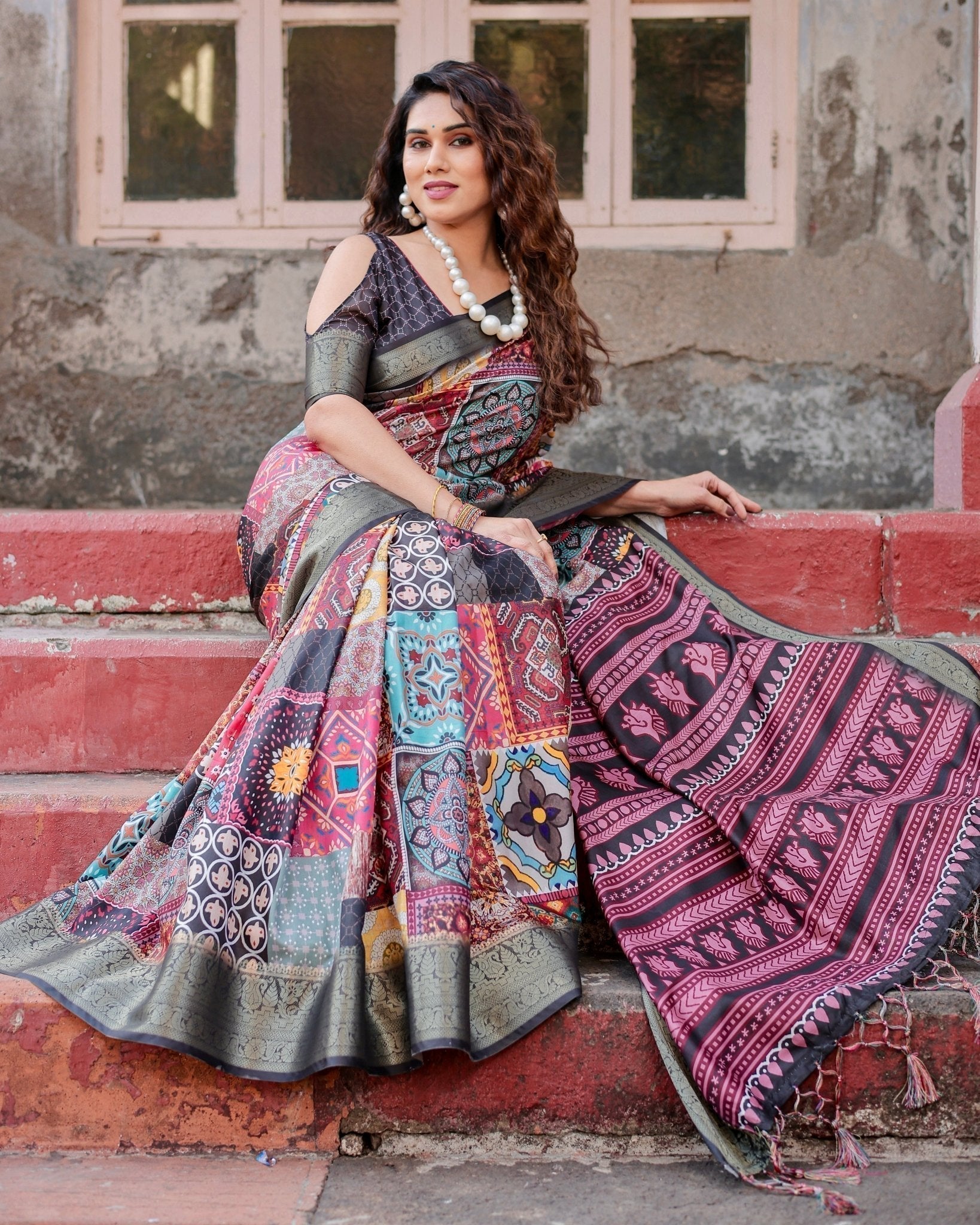 Pure Silk Digitally Printed Saree Weaved With Golden Zari Comes With Tassels - Almaari Fashion