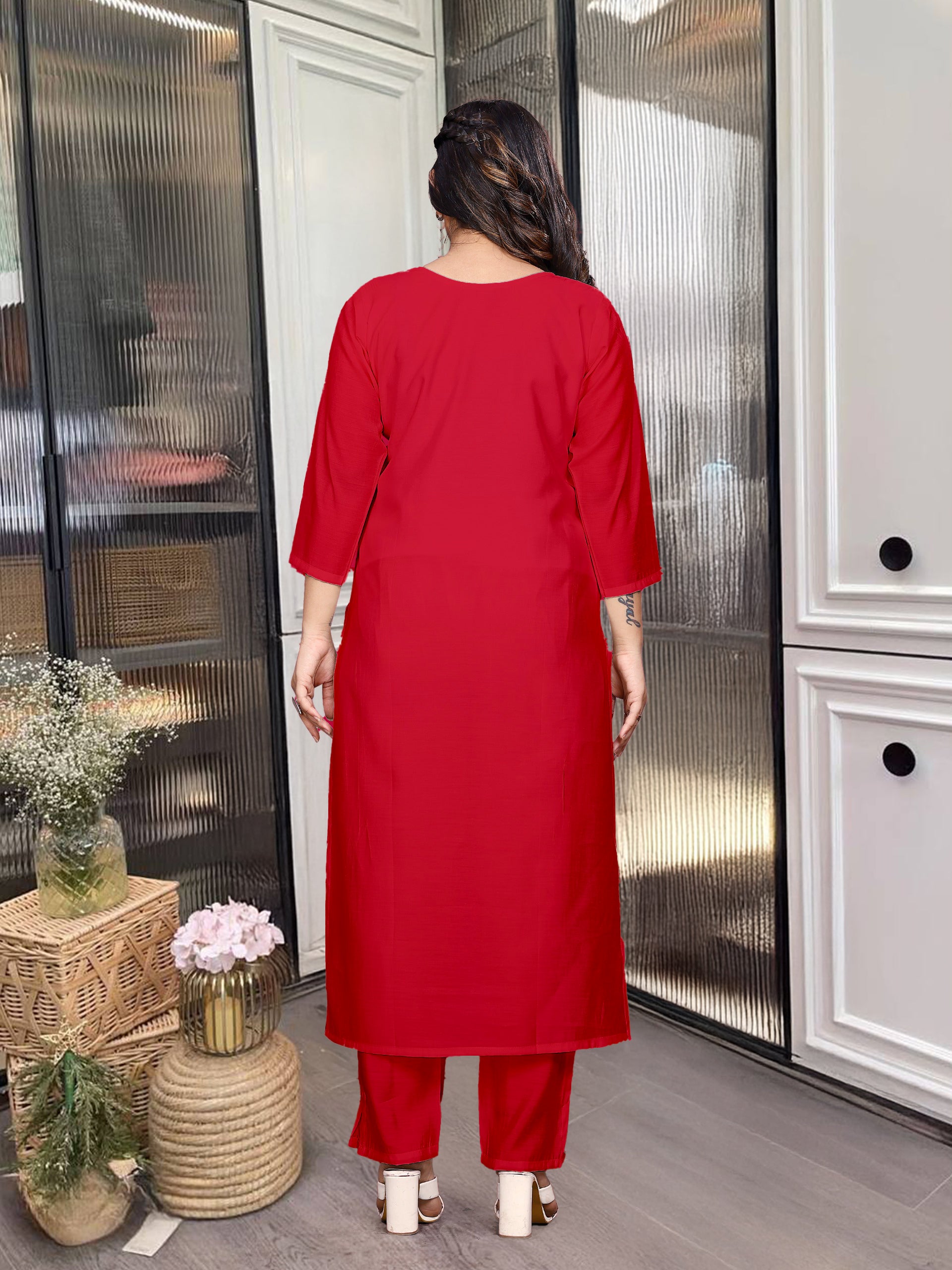 Women's Red Rayon Kurti Pant Set with Organza Embroidered Dupatta