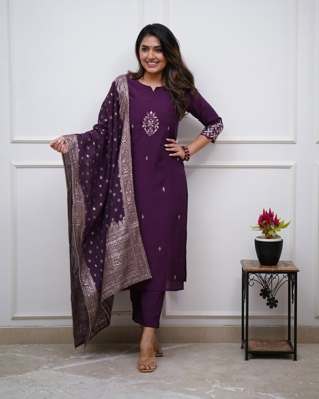 Women's PV Chanderi Kurti Pant Set with Jacquard Cotton Dupatta